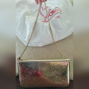 Louboutin Loubila Metallic Leather Pouch Clutch Bag in Color Platine